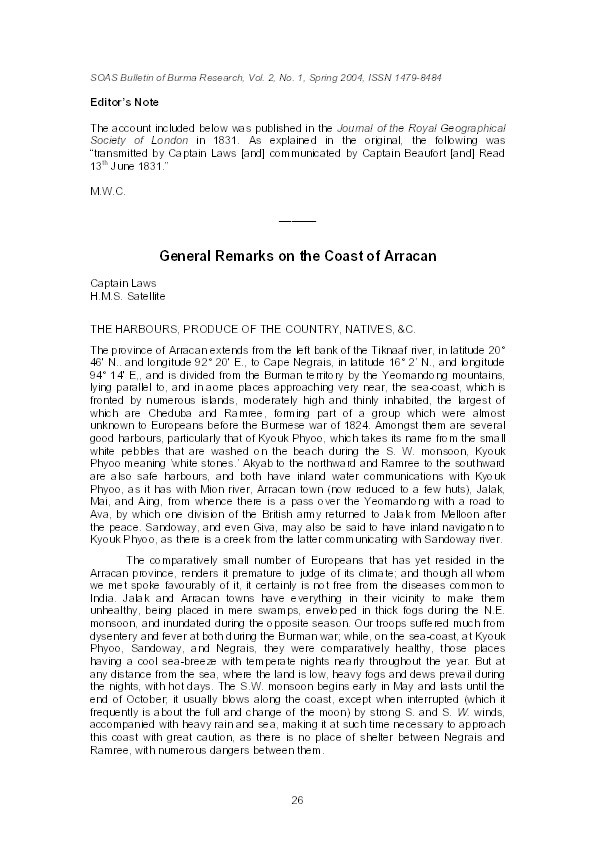 General Remarks on the Coast of Arracan, 1831, by Captain Laws, edited by Michael W. Charney Thumbnail
