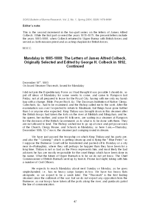 Mandalay in 1885-1888: The Letters of James Alfred Colbeck, edited by Michael W. Charney Thumbnail