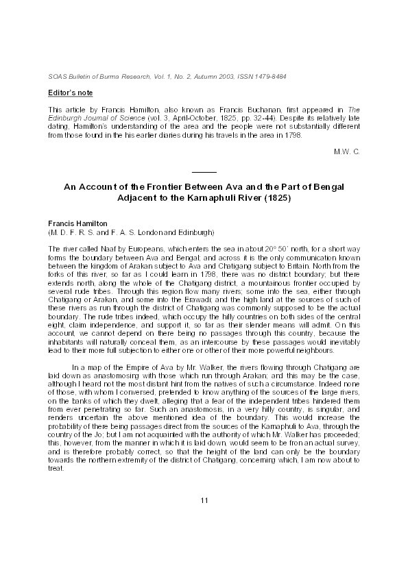 An Account of the Frontier Between Ava and the Part of Bengal  Adjacent to the Karnaphuli River (1825), by Francis Hamilton, edited by Michael W. Charney Thumbnail