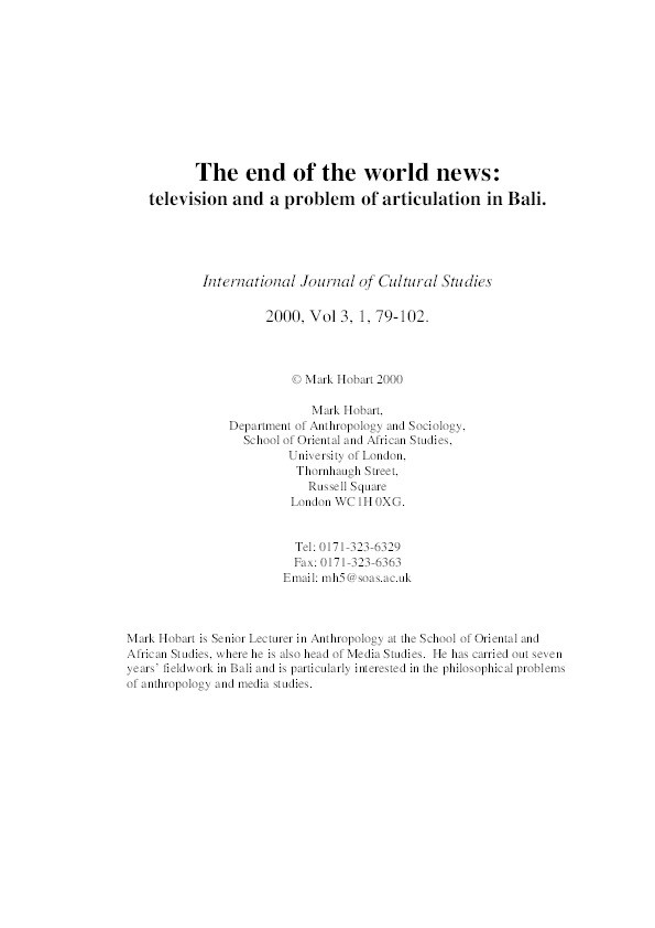The end of the world news: television and a problem of articulation in Bali Thumbnail