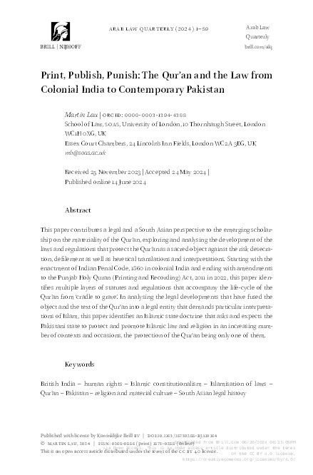 Print, Publish, Punish: The Qur’an and the Law from Colonial India to Contemporary Pakistan Thumbnail
