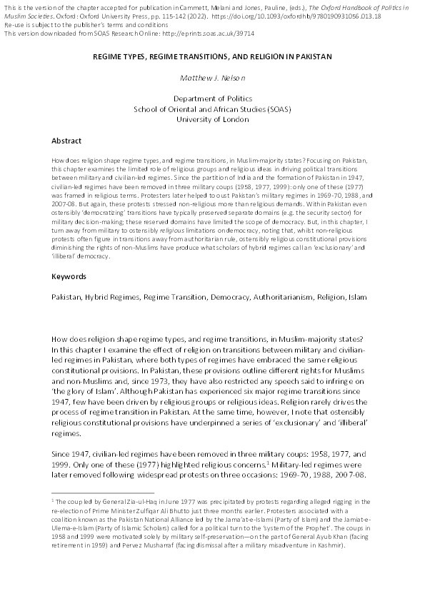 Regime Types, Regime Transitions, and Religion in Pakistan Thumbnail