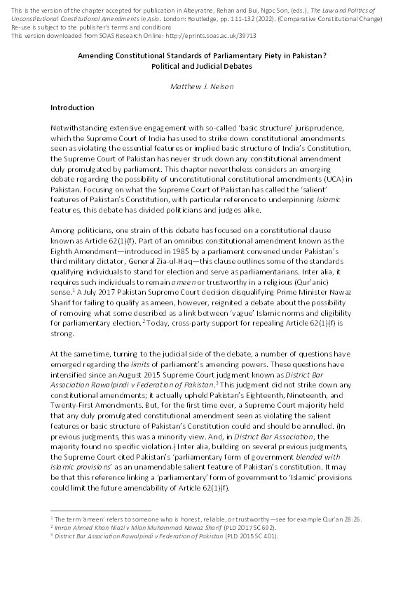 Amending constitutional standards of parliamentary piety in Pakistan? Political and judicial debates Thumbnail