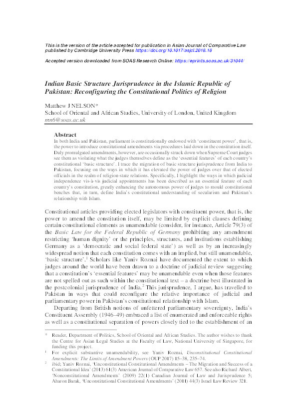 Indian Basic Structure Jurisprudence in the Islamic Republic of Pakistan: Reconfiguring the Constitutional Politics of Religion Thumbnail