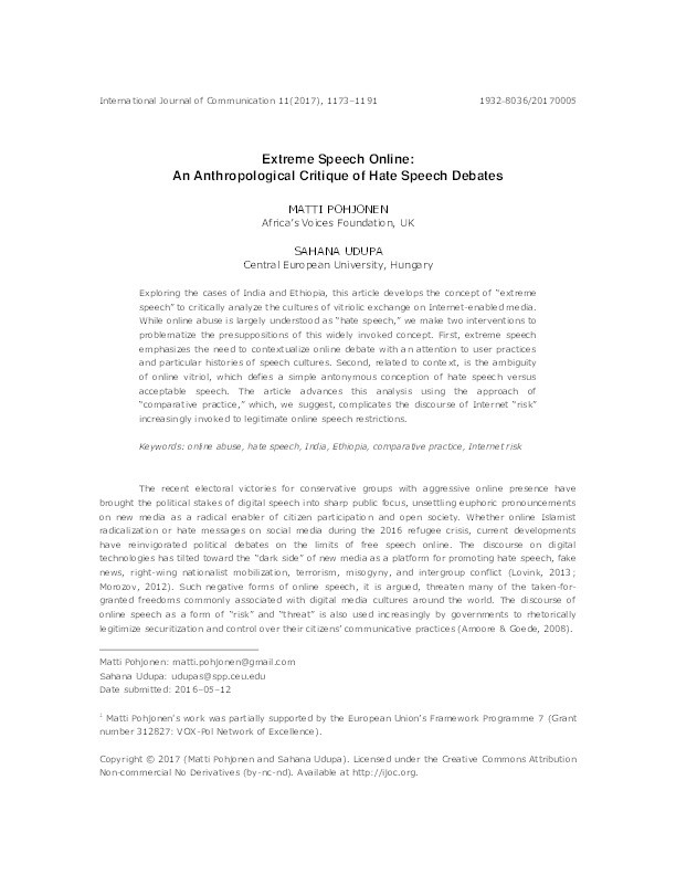 Extreme Speech Online: An Anthropological Critique of Hate Speech Debates Thumbnail