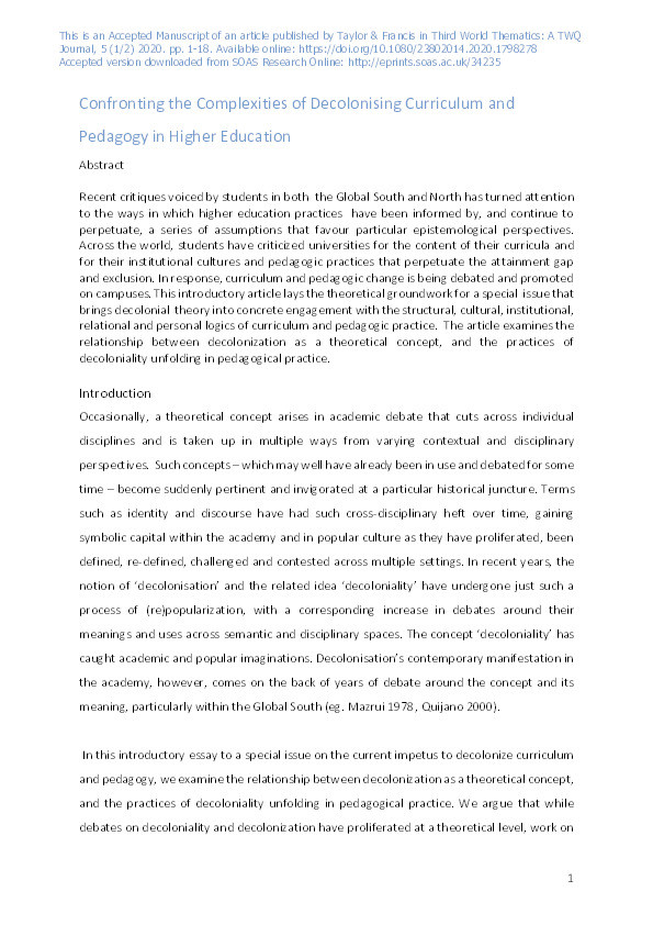 Confronting the complexities of decolonising curricula and pedagogy in higher education Thumbnail