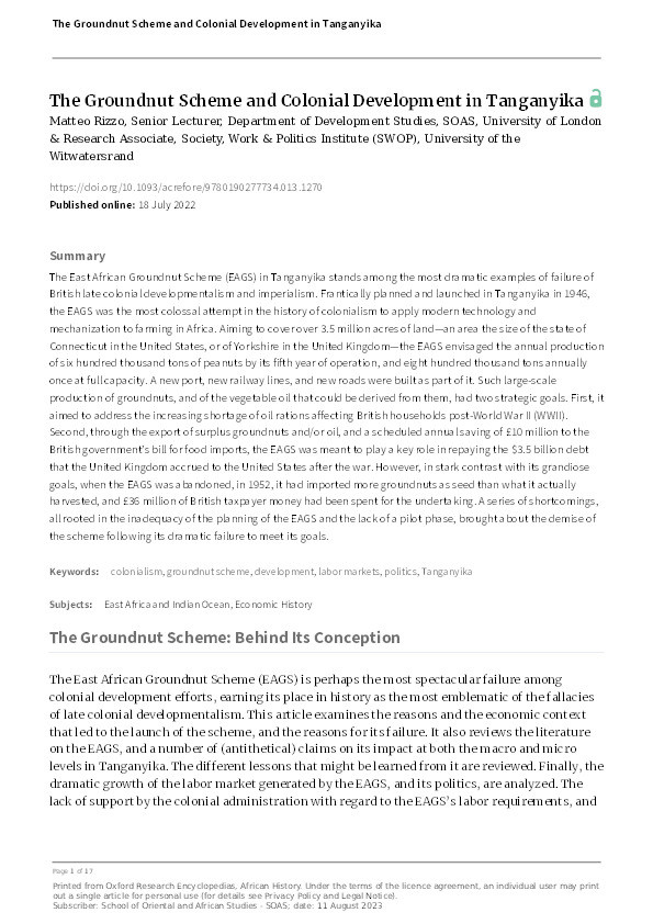 The Groundnut Scheme and Colonial Development in Tanganyika Thumbnail