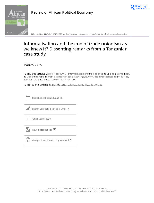 Informalisation and the end of trade unionism as we knew it? Dissenting remarks from a Tanzanian case study Thumbnail