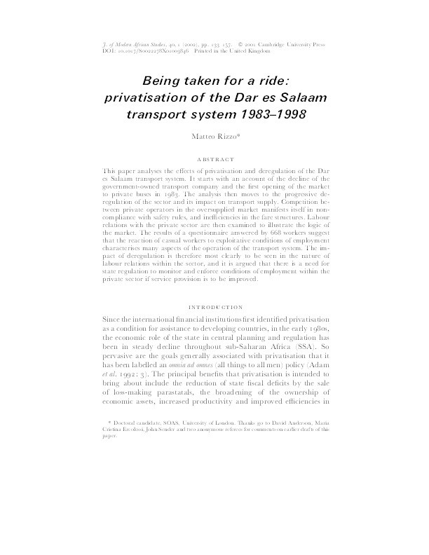 Being taken for a ride: Privatisation of the Dar es Salaam transport system 1983-1998 Thumbnail