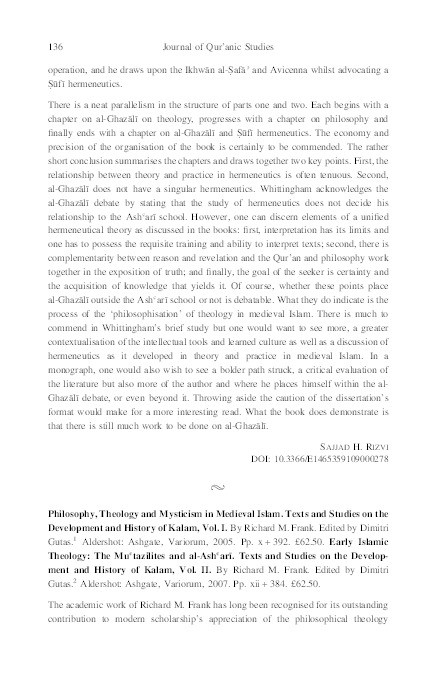 Philosophy, Theology and Mysticism in Medieval Islam. Texts and Studies on the Development and History of Kalam, Vol. I ; Early Islamic Theology: The Muʿtazilites and al-Ashʿarī. Texts and Studies on the Development and History of Kalam, Vol. II Thumbnail