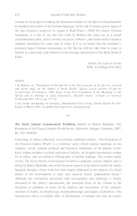 The Early Islamic Grammatical Tradition. Edited by Ramzi Baalbaki. The Formation of the Classical Islamic World Series. Aldershot: Ashgate, Variorum, 2007 Thumbnail