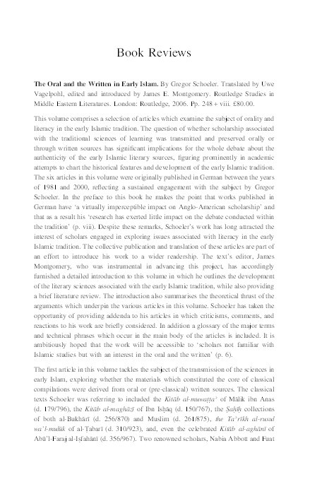Review of 'The Oral and the Written in Early Islam' by Gregor Schoeler; translated by Uwe Vagelpohl Thumbnail