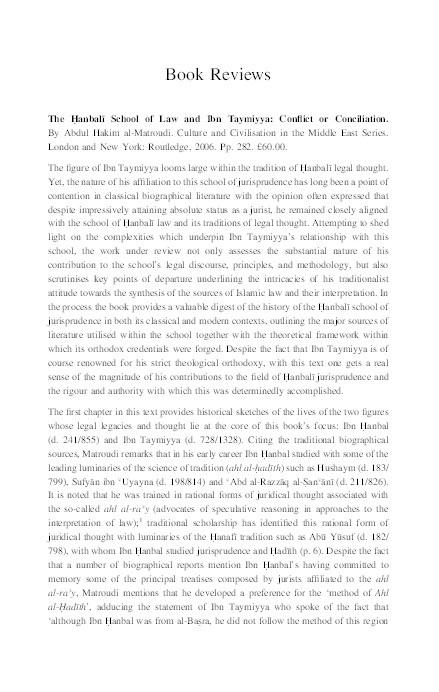 Review of: Abdul Hakim al-Matroudi, 'The Ḥanbalī School of Law and Ibn Taymiyya: Conflict or Conciliation' Thumbnail