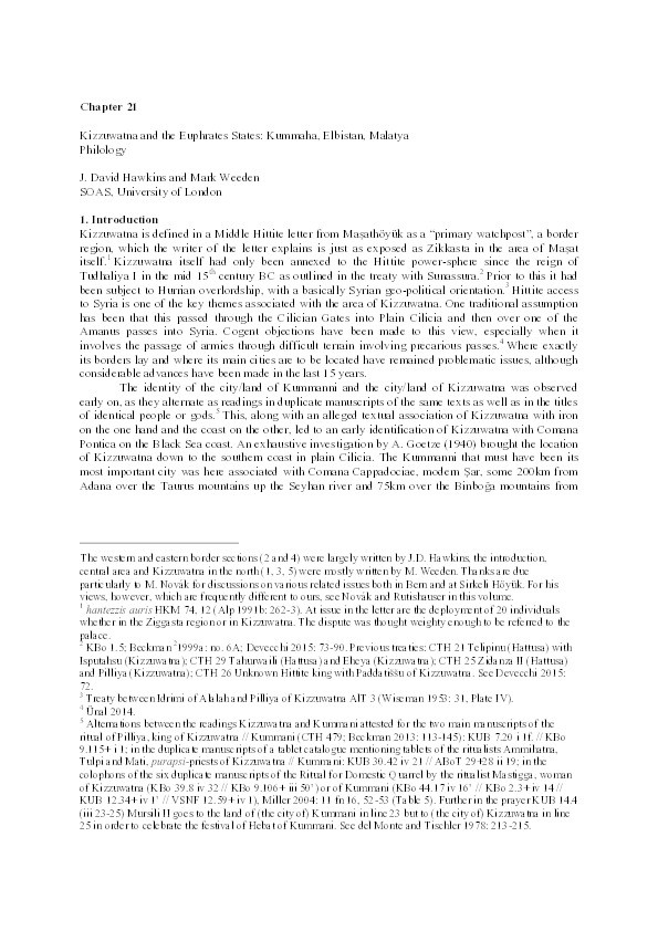 Kizzuwatna and the Euphrates States: Kummaha, Elbistan, Malatya Philology Thumbnail