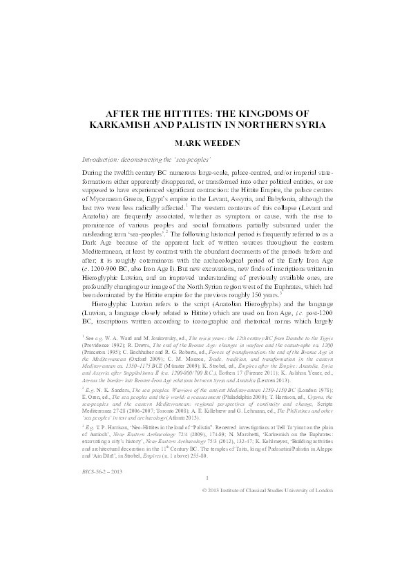 After the Hittites: The Kingdoms of Karkamish and Palistin in Northern Syria Thumbnail