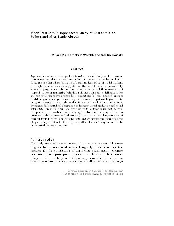 Modal Markers in Japanese: A Study of Learners’ Use before and after Study Abroad Thumbnail