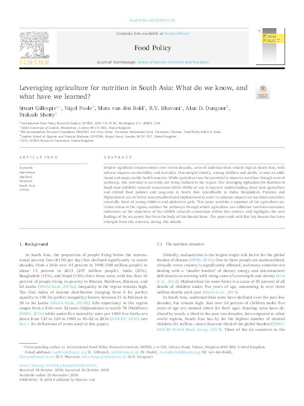 Leveraging agriculture for nutrition in South Asia: What do we know, and what have we learned? Thumbnail