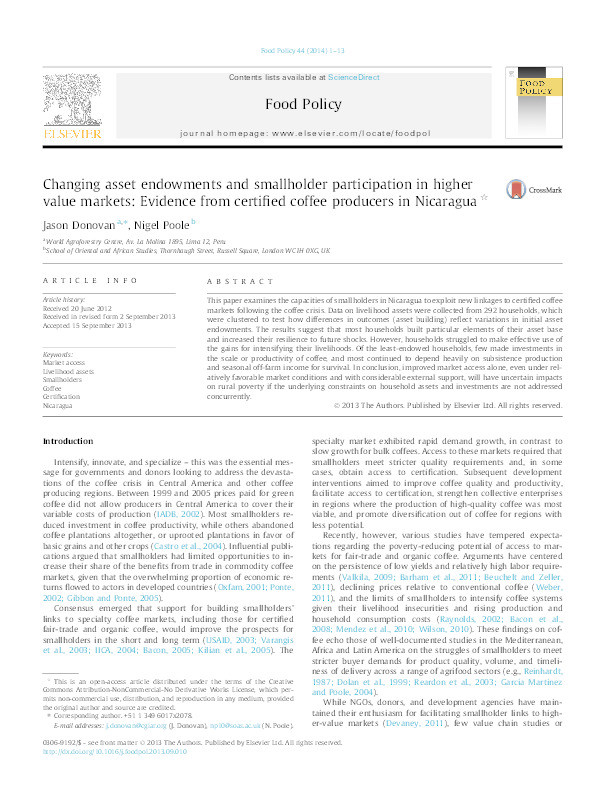 Changing asset endowments and smallholder participation in higher value markets: Evidence from certiﬁed coffee producers in Nicaragua Thumbnail