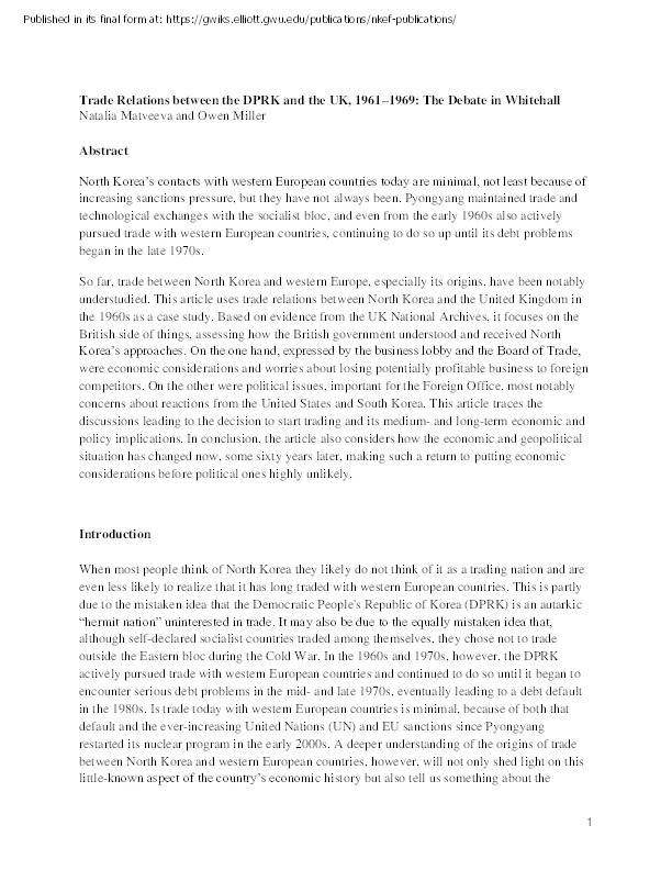 Trade Relations between the DPRK and the UK, 1961–1969: The Debate in Whitehall Thumbnail