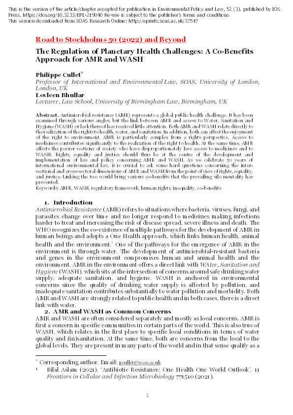 The Regulation of Planetary Health Challenges: A Co-Benefits Approach for AMR and WASH Thumbnail