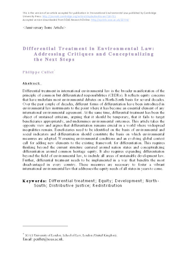 Differential Treatment in Environmental Law: Addressing Critiques and Conceptualizing the Next Steps Thumbnail
