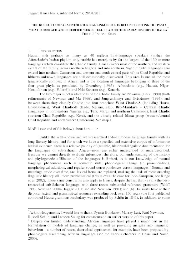 The role of comparative/historical linguistics in reconstructing the past: what borrowed and inherited words tell us about the early history of Hausa Thumbnail