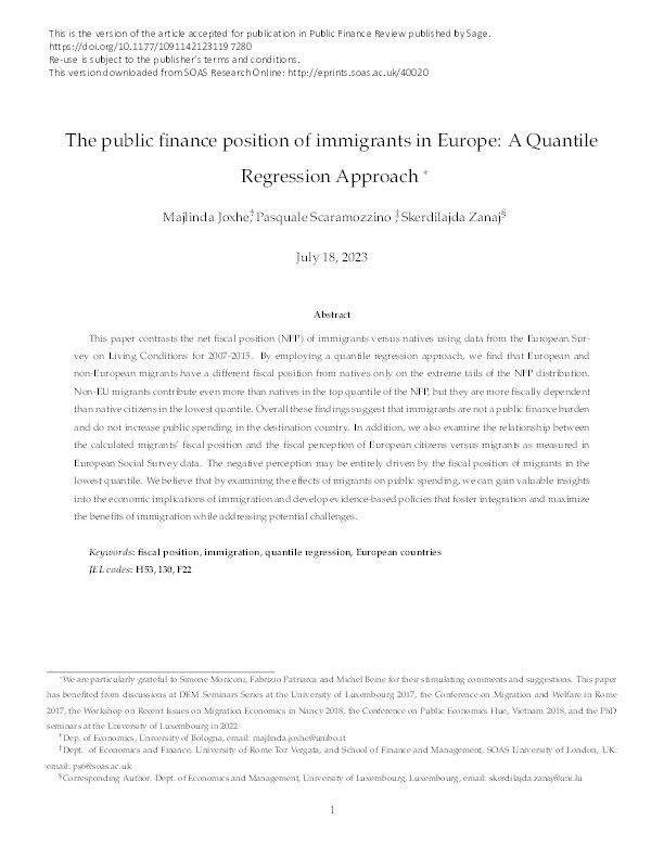 The Public Finance Position of Immigrants in Europe: A Quantile Regression Approach Thumbnail