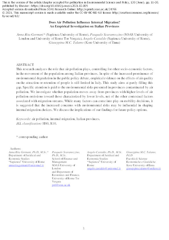 Does Air Pollution Influence Internal Migration? An Empirical Investigation on Italian Provinces Thumbnail