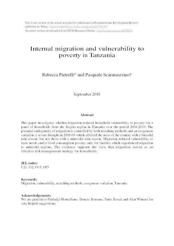 Internal Migration and Vulnerability to Poverty in Tanzania Thumbnail