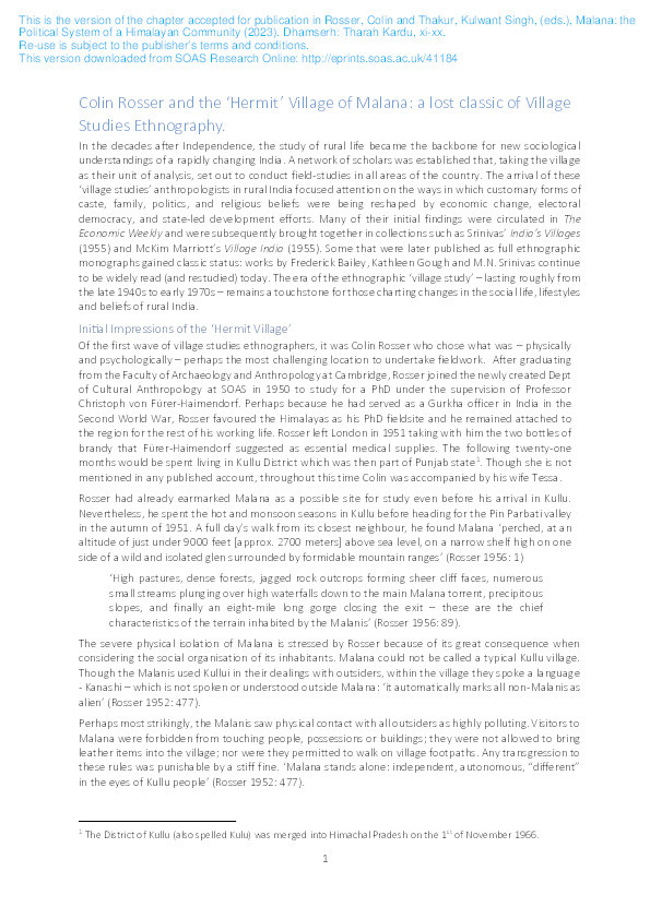 Colin Rosser and the ‘Hermit’ Village of Malana: a lost classic of Village Studies Ethnography. Thumbnail