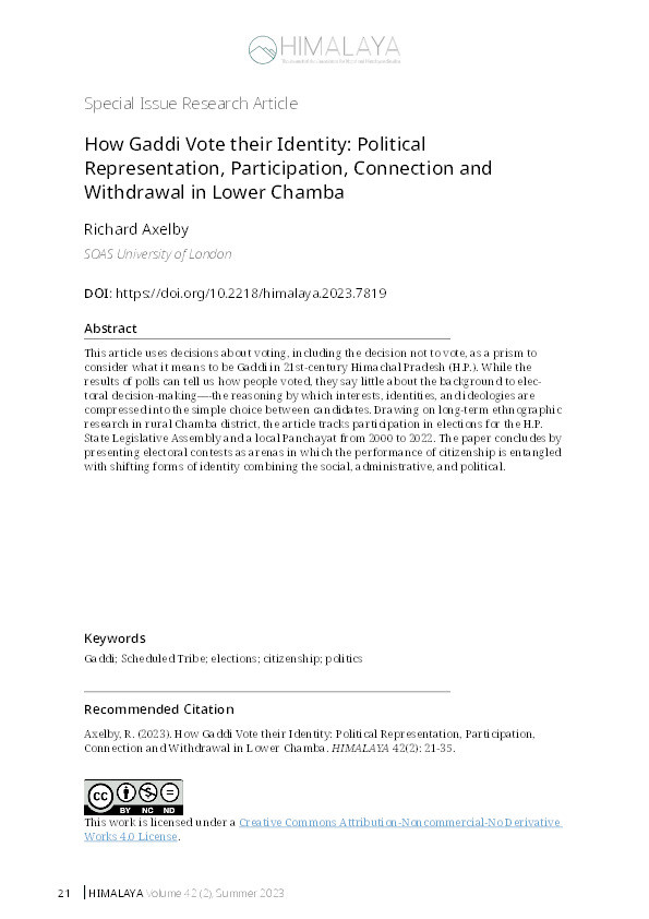 How Gaddi Vote their Identity: political representation, participation, and citizenship in Lower Chamba Thumbnail
