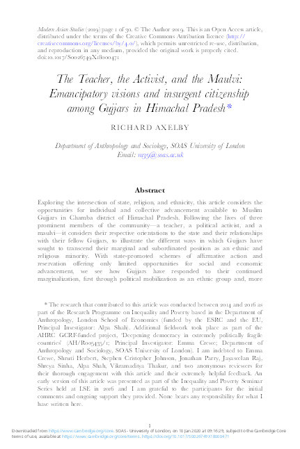 The Teacher, the Activist, and the Maulvi: Emancipatory visions and insurgent citizenship among Gujjars in Himachal Pradesh Thumbnail