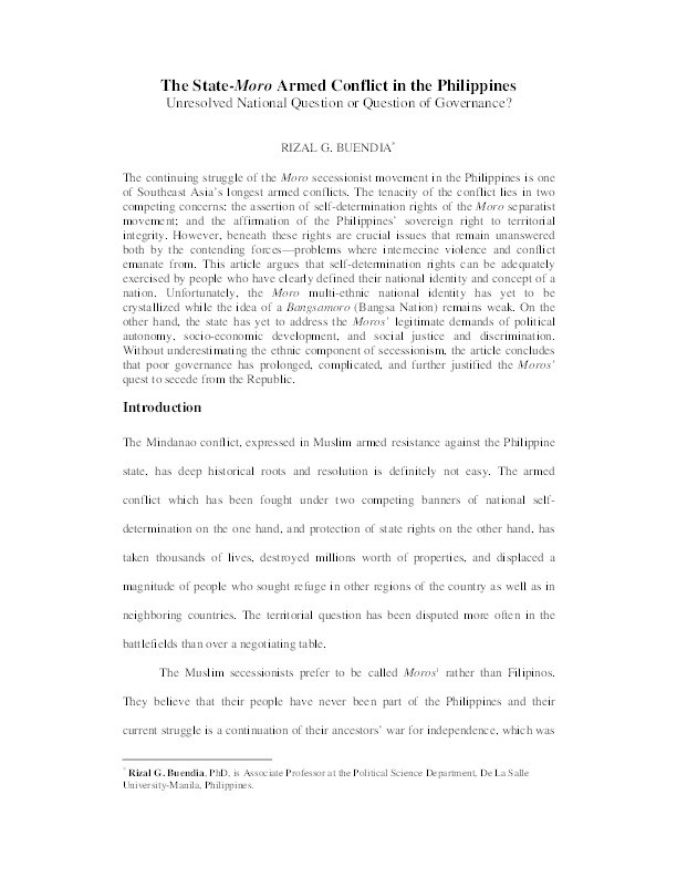 The State-Moro Armed Conflict in the Philippines: Unresolved national question or  question of governance? Thumbnail