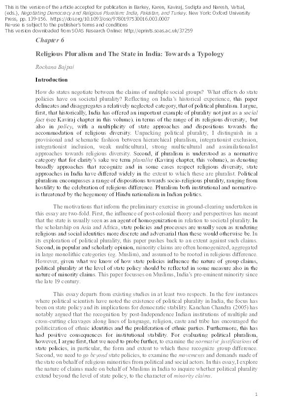 Religious pluralism and the state in India: Towards a typology Thumbnail