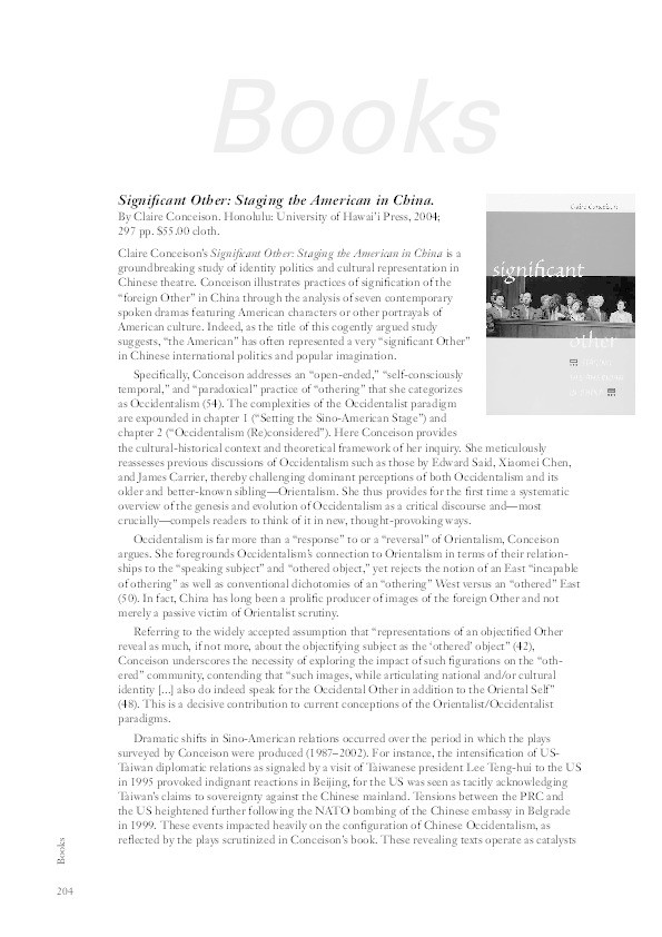 Review of Significant Other. Staging the American in China by Claire Conceison Thumbnail