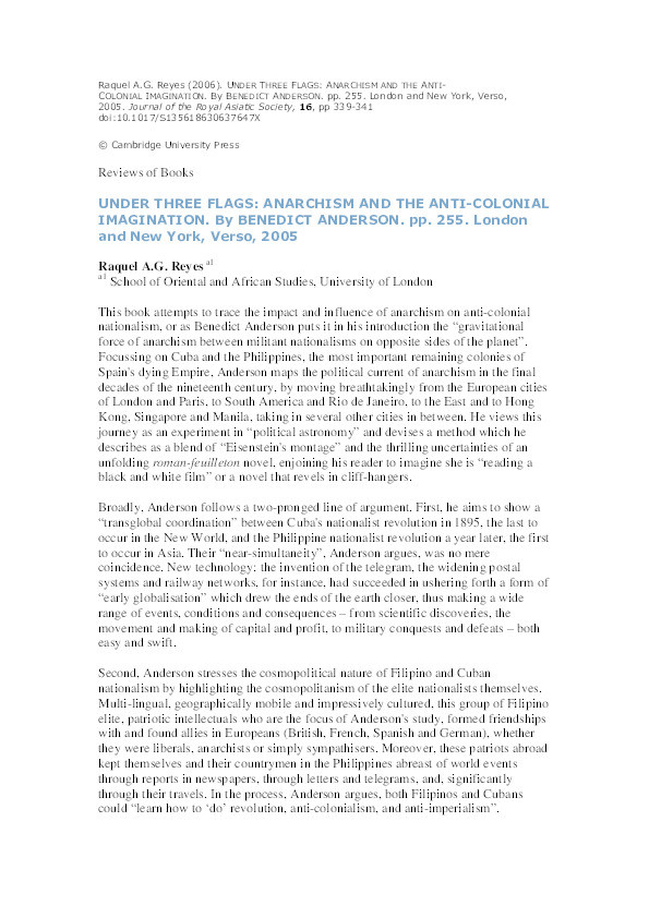 Review of Benedict Anderson, 'Under Three Flags: Anarchism and the anti-colonial imagination' (London: Verso, 2005) Thumbnail