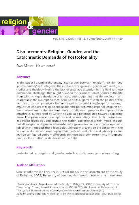 Displacements: Religion, Gender, and the Catachrestic Demand of Postcoloniality Thumbnail