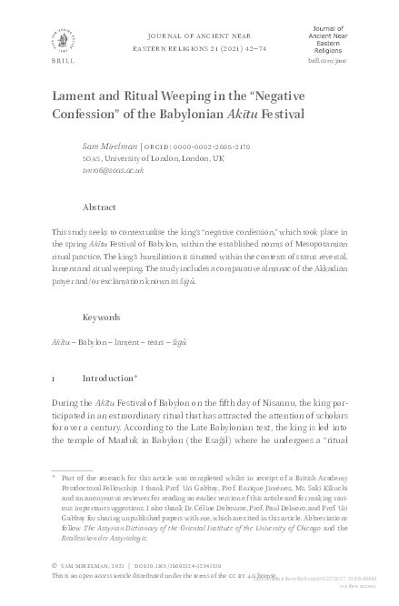 Lament and ritual weeping in the "negative confession" of the Babylonian Akītu festival Thumbnail