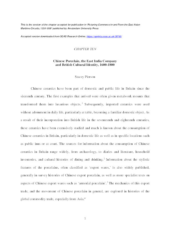 Chinese porcelain, the East India Company and British cultural identity, 1600-1800 Thumbnail