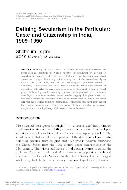 Defining Secularism in the Particular: Caste and Citizenship in India, 1909-1950 Thumbnail