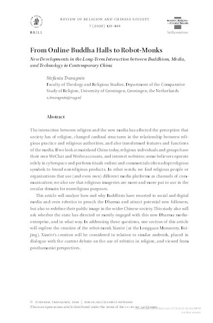 From Online Buddha Halls to Robot-Monks: New Developments in the Long-term Interaction between Buddhism, Media and Technology in Contemporary China Thumbnail
