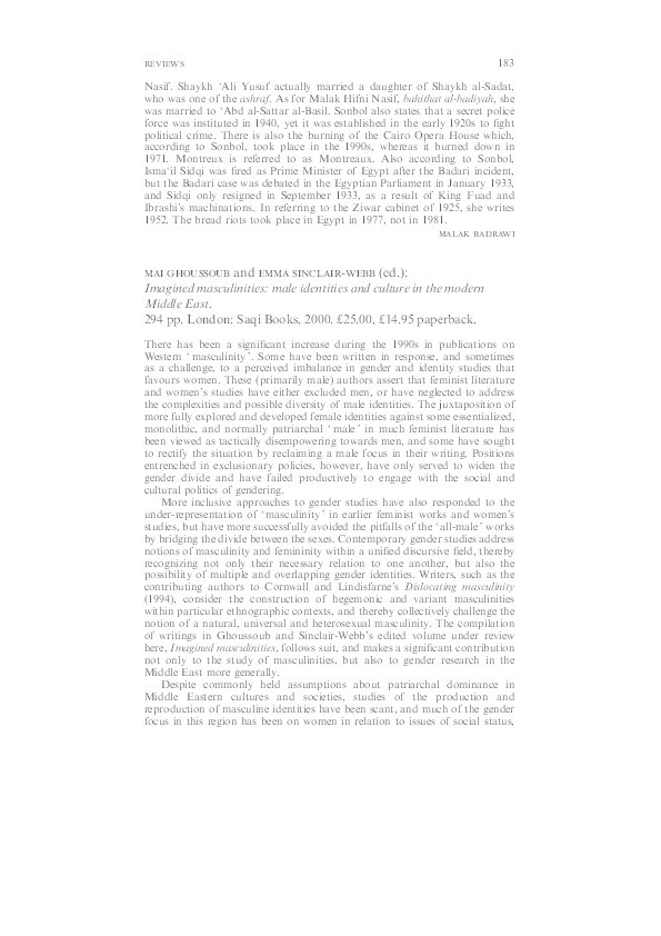 Review of "Imagined Masculinities: male identity and culture in the modern Middle East" edited by M. Ghoussoub and E, Sinclair-Webb Thumbnail