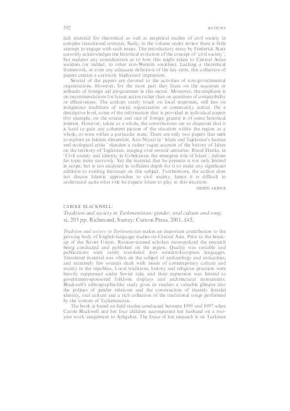 Review of "Tradition and Society in Turkmenistan" [by C. Blackwell] Thumbnail