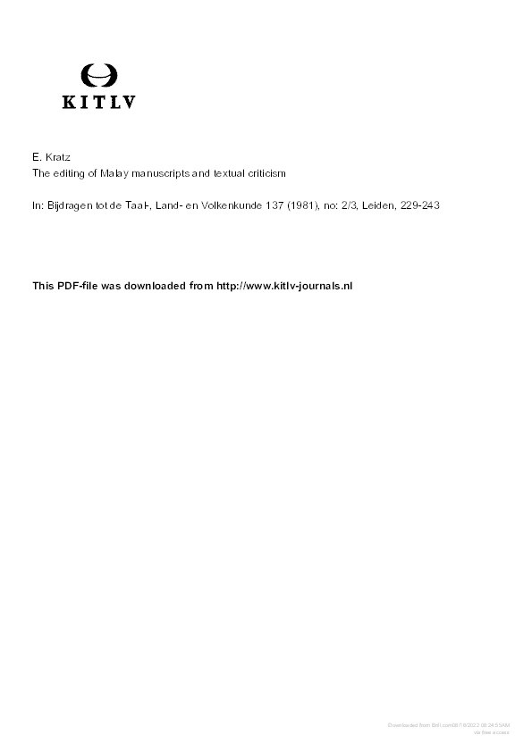 The editing of Malay manuscripts and textual criticism Thumbnail