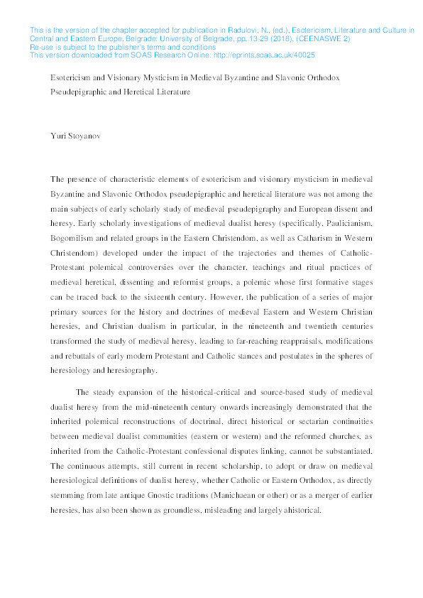 Esotericism and Visionary Mysticism in Medieval Byzantine and Slavonic Orthodox Pseudepigraphic and Heretical Literature Thumbnail