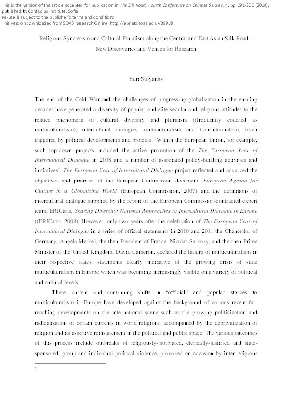 Religious Syncretism and Cultural Pluralism along the Central and East Asian Silk Road – New Discoveries and Venues for Research Thumbnail