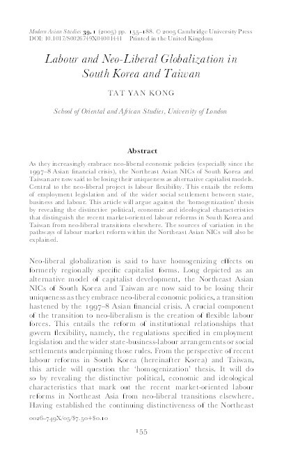 Labour and Neo-Liberal Globalization in South Korea and Taiwan Thumbnail