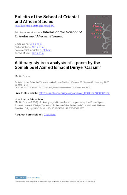A literary stylistic analysis of a poem by the Somali poet Axmed Ismaciil Diiriye 'Qaasim' Thumbnail
