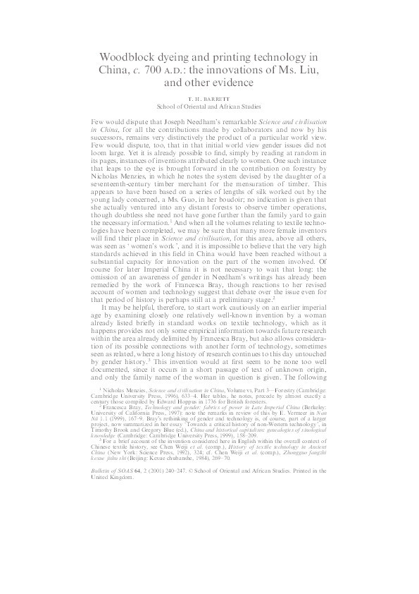 Woodblock dyeing and printing technology in China, c.700A.D.: the innovations of Ms. Liu and other evidence Thumbnail