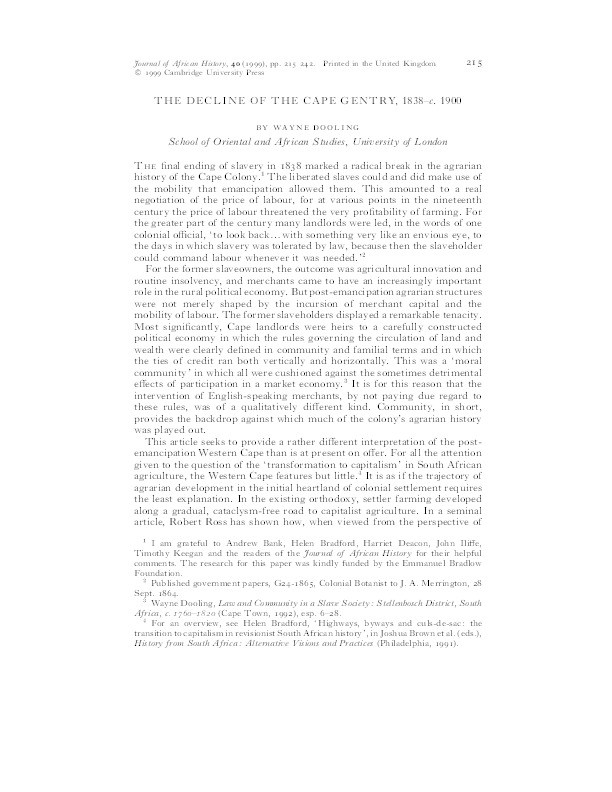 The decline of the cape gentry, 1838 - 1900 Thumbnail